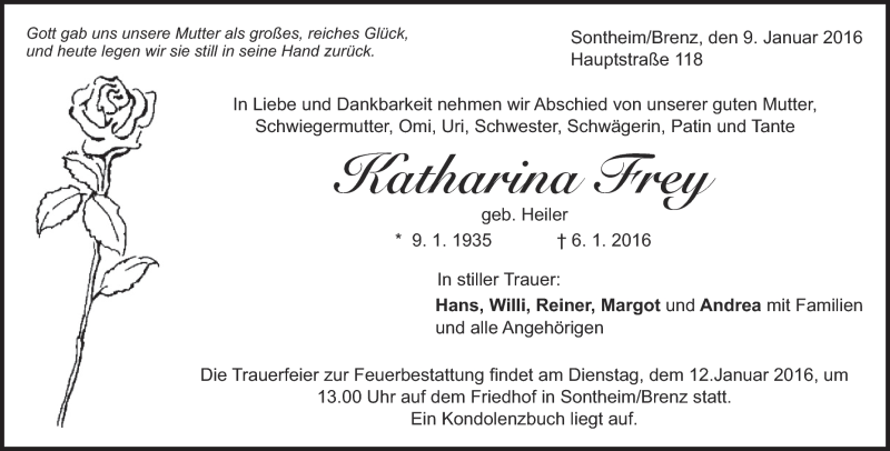  Traueranzeige für Katharina Frey vom 09.01.2016 aus Heidenheimer Zeitung