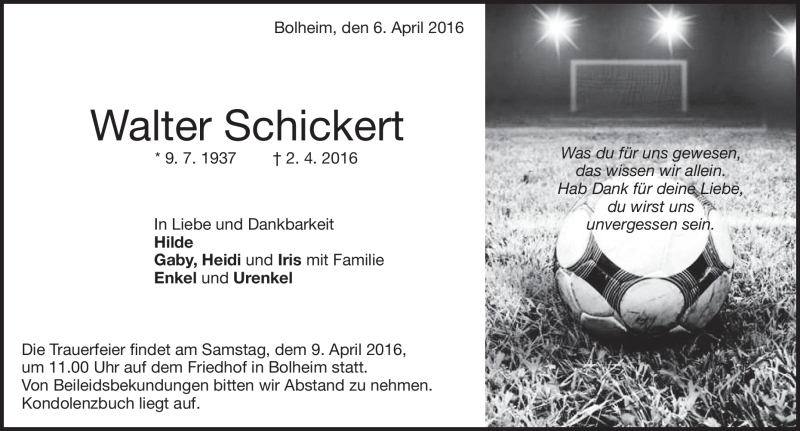 Traueranzeige für Walter Schickert vom 06.04.2016 aus Heidenheimer Zeitung