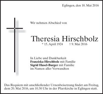 Traueranzeige von theresia Hirschbolz von Heidenheimer Zeitung