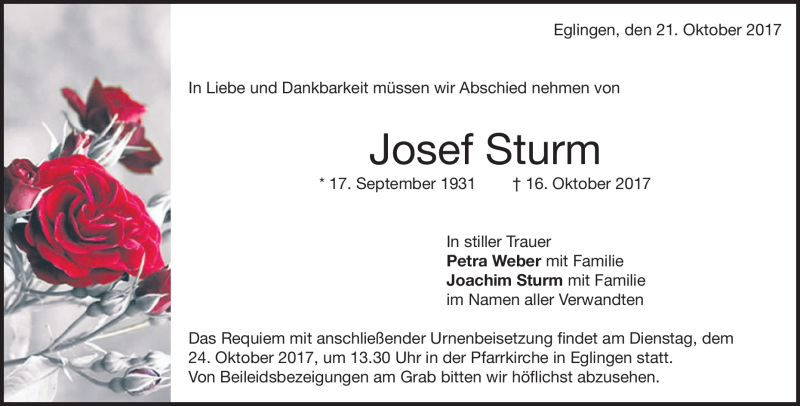  Traueranzeige für Josef Sturm vom 21.10.2017 aus Heidenheimer Zeitung