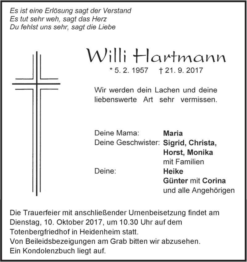  Traueranzeige für Willi Hartmann vom 07.10.2017 aus Heidenheimer Zeitung