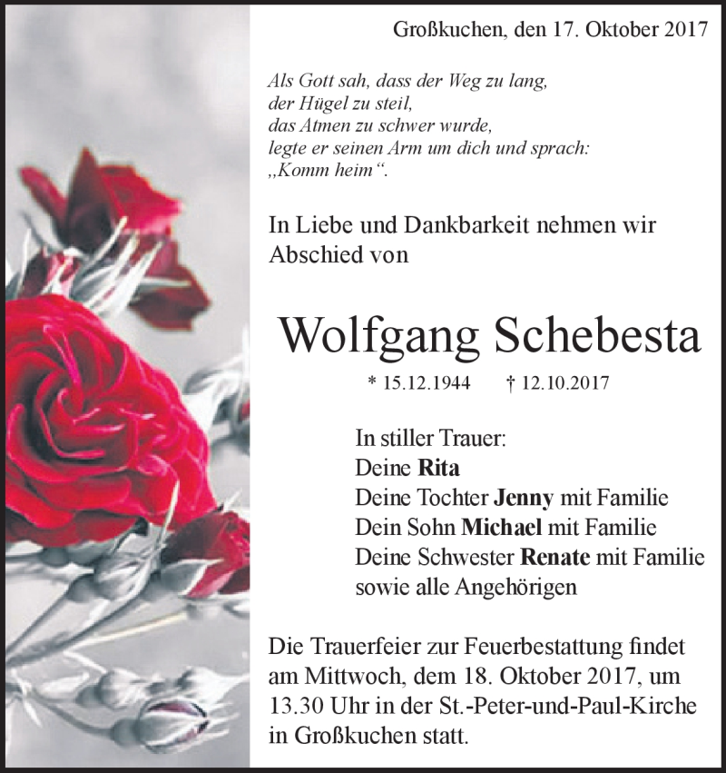  Traueranzeige für Wolfgang Schebesta vom 17.10.2017 aus Heidenheimer Zeitung