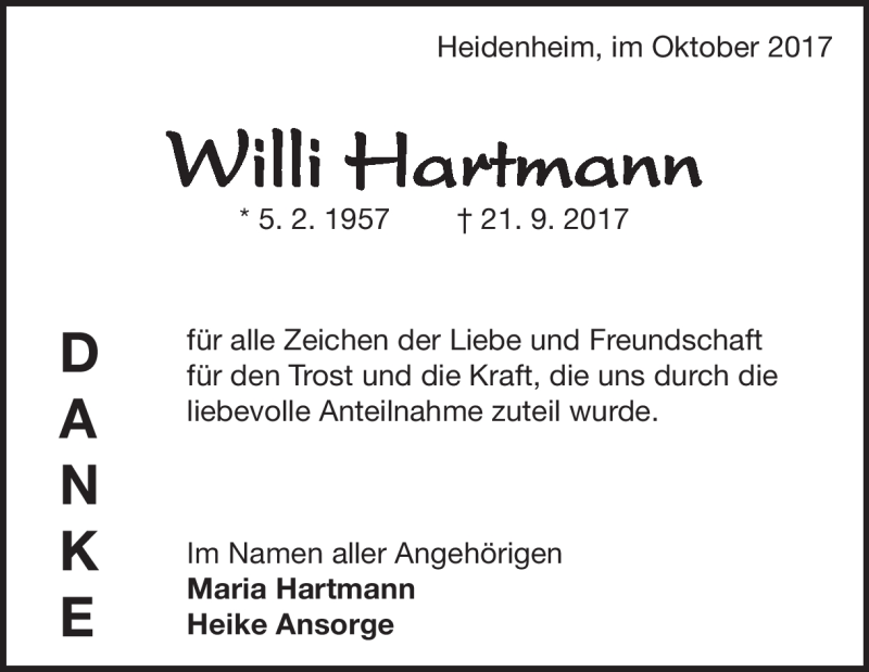  Traueranzeige für Willi Hartmann vom 21.10.2017 aus Heidenheimer Zeitung