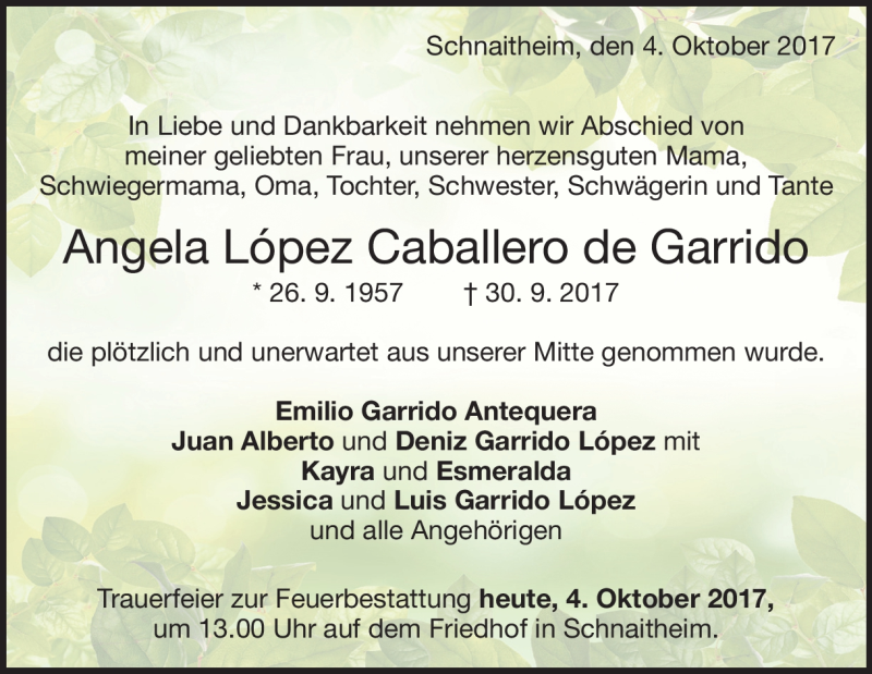  Traueranzeige für Angela Lopez Caballero de Garrido vom 04.10.2017 aus Heidenheimer Zeitung