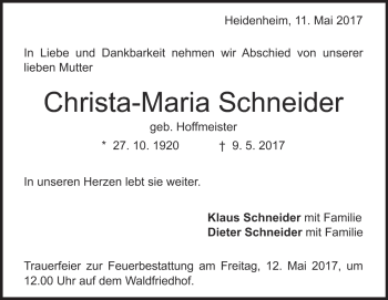 Traueranzeige von Christa-Maria Schneider von Heidenheimer Zeitung
