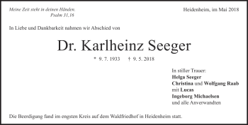 Traueranzeige von Dr. Karlheinz Seeger von Heidenheimer Zeitung