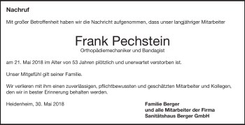 Traueranzeige von Frank Pechstein von Heidenheimer Zeitung