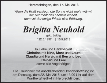 Traueranzeige von Brigitta Neuhold von Heidenheimer Zeitung