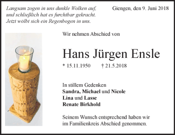Traueranzeige von Hans Jürgen Ensle von Heidenheimer Zeitung