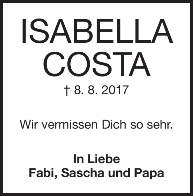  Traueranzeige für Isabella Costa vom 08.08.2018 aus Heidenheimer Zeitung