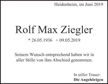 Traueranzeige von Rolf Max Ziegler von Heidenheimer Zeitung