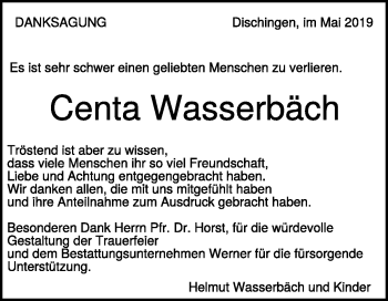 Traueranzeige von Centa Wasserbäch von Heidenheimer Zeitung