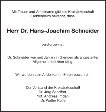 Traueranzeige von Hans-Joachim Schneider 