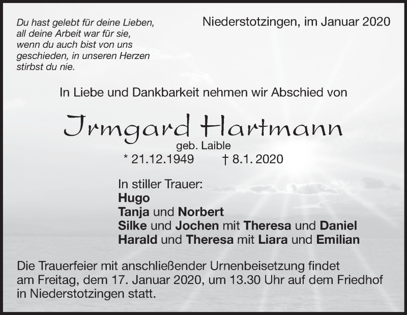 Traueranzeigen Von Irmgard Hartmann Trauer Hz De