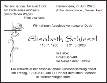 Traueranzeige von Elisabeth Schieszl von Heidenheimer Zeitung