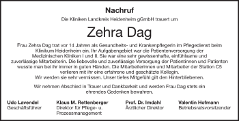 Traueranzeige von Zehra Dag von Heidenheimer Zeitung