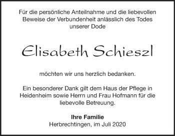 Traueranzeige von Elisabeth Schieszl von Heidenheimer Zeitung