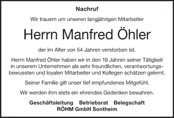 Traueranzeige von Manfred Öhler von Heidenheimer Zeitung