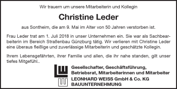 Traueranzeige von Christine Leder von Heidenheimer Zeitung