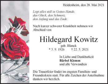 Traueranzeige von Hildegard Kowitz von Heidenheimer Zeitung