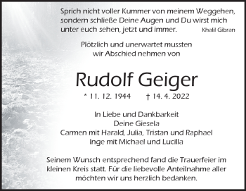 Traueranzeigen Von Rudolf Geiger Trauer Hz De