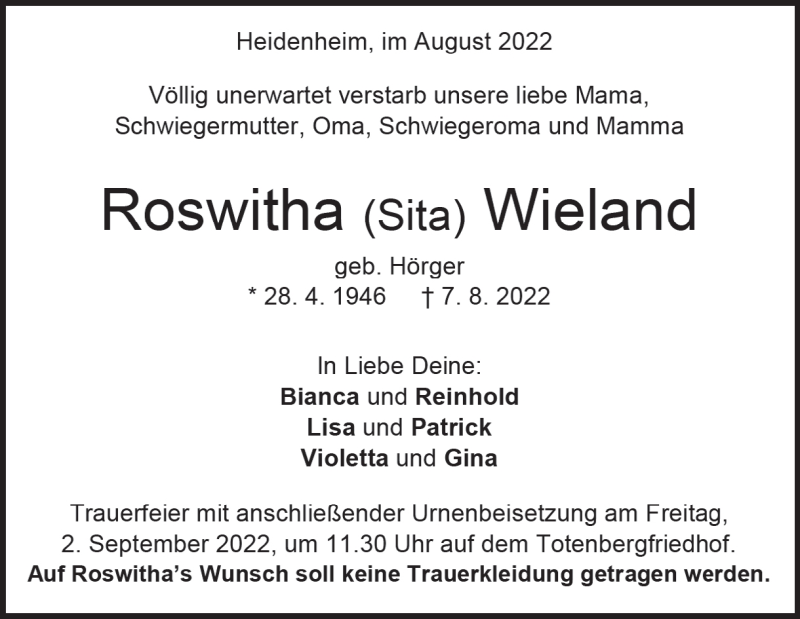 Traueranzeigen Von Roswitha Wieland Trauer Hz De