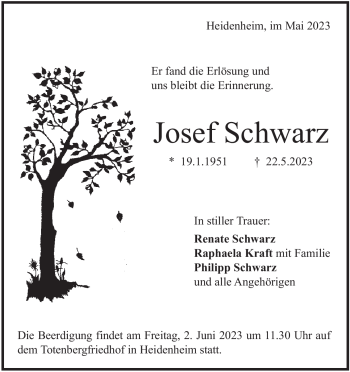 Traueranzeigen Von Josef Schwarz Trauer Hz De