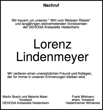 Traueranzeige von Lorenz Lindenmeyer von Heidenheimer Zeitung