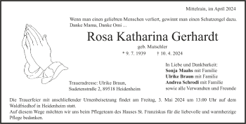 Traueranzeige von Rosa Katharina Gerhardt von Heidenheimer Zeitung