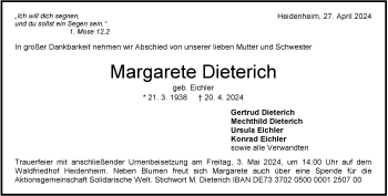 Traueranzeige von Margarete Dieterich von Heidenheimer Zeitung
