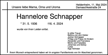 Traueranzeige von Hannelore Schnapper von Heidenheimer Zeitung