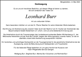 Traueranzeige von Leonhard Burr von Heidenheimer Zeitung
