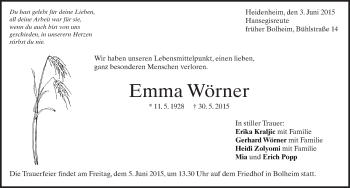 Traueranzeige von Emma Wörner von Heidenheimer Zeitung