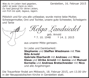 Traueranzeige von Helga Landsiedel von Märkische Oderzeitung