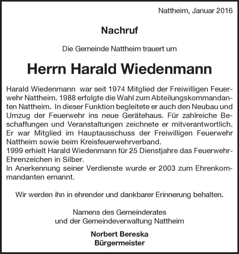  Traueranzeige für Harald  Wiedenmann vom 27.01.2016 aus Heidenheimer Zeitung