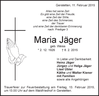 Traueranzeige von Maria Jäger von Märkische Oderzeitung