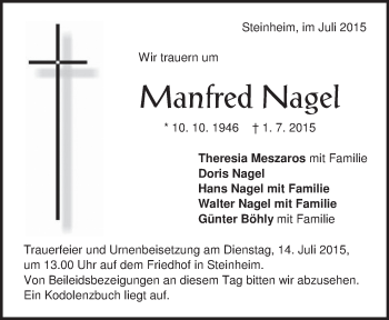 Traueranzeige von Manfred Nagel von Heidenheimer Zeitung