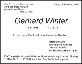 Traueranzeige von Gerhard Winter von Märkische Oderzeitung