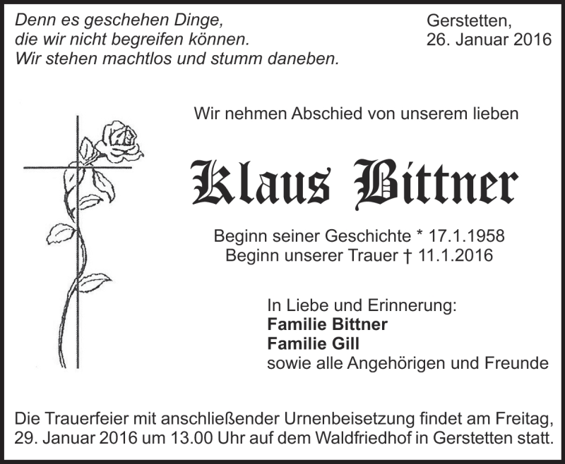  Traueranzeige für Klaus Bittner vom 26.01.2016 aus Heidenheimer Zeitung