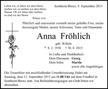 Traueranzeige von Anna Fröhlich  von Heidenheimer Zeitung