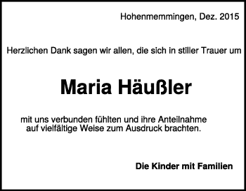 Traueranzeige von Maria Häußler von Heidenheimer Zeitung
