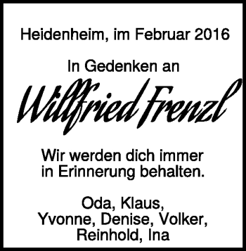 Traueranzeige von Willfried Frenzl von Heidenheimer Zeitung