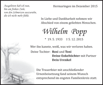 Traueranzeige von Wilhelm Popp von Heidenheimer Zeitung