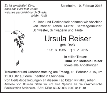 Traueranzeige von Ursula Reiser von Märkische Oderzeitung