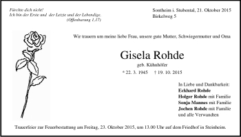 Traueranzeige von Gisela Rohde von Heidenheimer Zeitung
