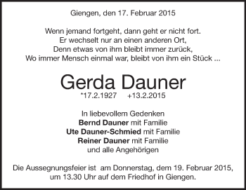 Traueranzeige von Gerda Dauner von Märkische Oderzeitung