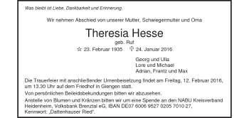 Traueranzeige von Theresia Hesse von Heidenheimer Zeitung