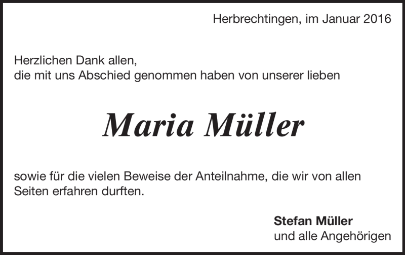  Traueranzeige für Maria Müller vom 29.01.2016 aus Heidenheimer Zeitung