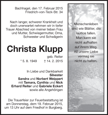 Traueranzeige von Christa Klupp von Märkische Oderzeitung