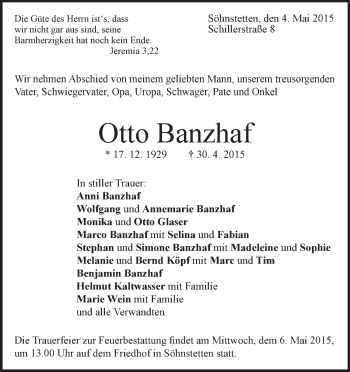 Traueranzeige von Otto Banzhaf von Märkische Oderzeitung